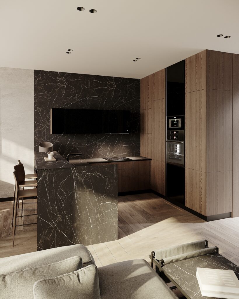 Дизайн сучасної куні-вітальні у стилі модерн з мармуровими вставками в ЖК Comfort city Lagoon